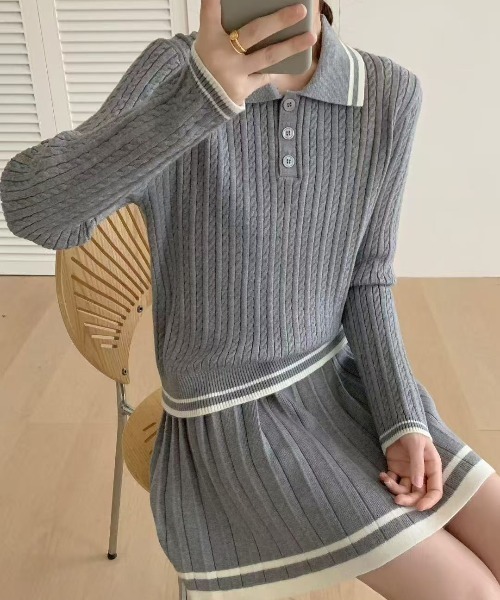 Malbon レディース セットアップ プリーツスカート 刺繍ニットポロ新作 Ada. セットアップ セットアップ ポロシャツ 配色ボーダー ニット
