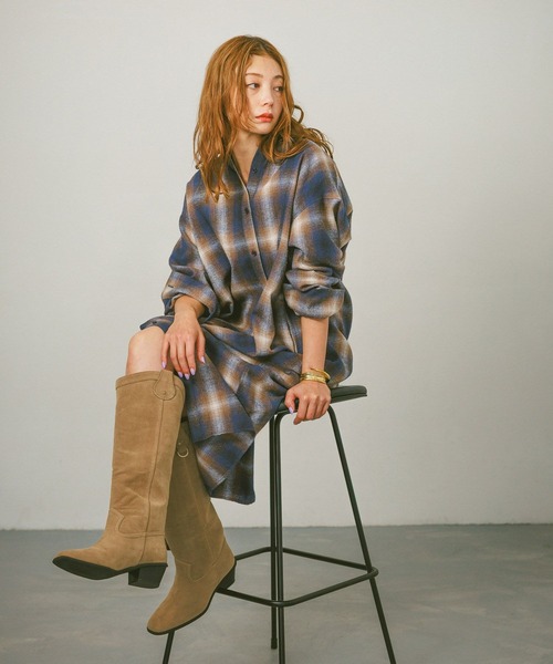 ブル➖レーベル チェック柄 長袖シャツワンピース ブル➖レーベル