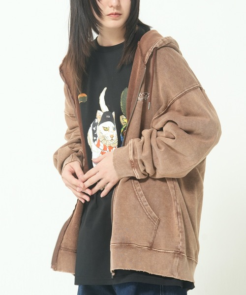 ダメージ加工 ジップ パーカー ストリート ROUGH TRADE パーカー スノーウォッシュダメージ加工裏毛ZIPパーカー