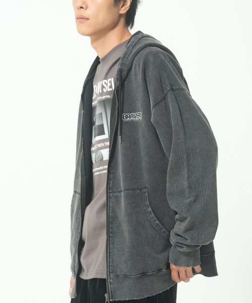 ROUGH TRADE パーカー スノーウォッシュダメージ加工裏毛ZIPパーカー