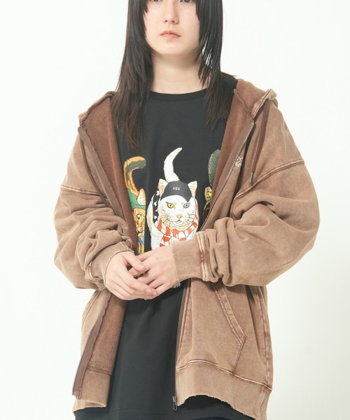 ROUGH TRADE パーカー スノーウォッシュダメージ加工裏毛ZIPパーカー