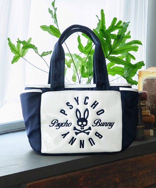 Psycho Bunny トートバッグ ホワイト/ネイビー Psycho Bunny（サイコバニー） トートバッグ 「GOLF」サークルロゴ