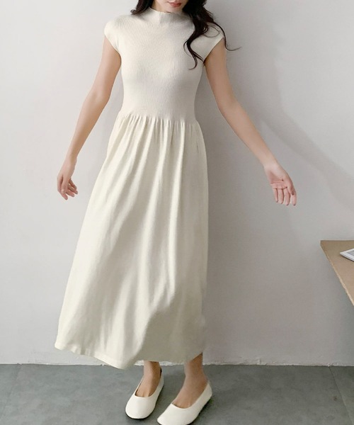 sandro ホワイト 半袖 プリーツワンピース LOWO ワンピース ボトルネック フレンチスリーブ ロングワンピース