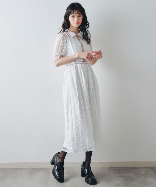 PLEATS PLEASE ヴィンテージ ロングワンピース 白 レース REDYAZEL（レディアゼル） ワンピース レースバイカラープリーツロング