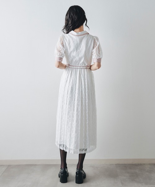 PLEATS PLEASE ヴィンテージ ロングワンピース 白 レース REDYAZEL（レディアゼル） ワンピース レースバイカラープリーツロング