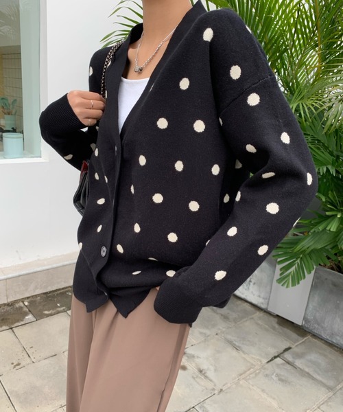 Diosfront カーディガン ドット柄Vネックカーディガン レディース