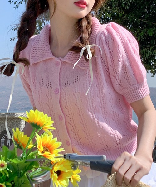 新品☆ レストローズ の小花モチーフ付き半袖カーディガン＆半袖ニットのセット DAY CLOSET カーディガン レディース 半袖シースルー襟付きサマー