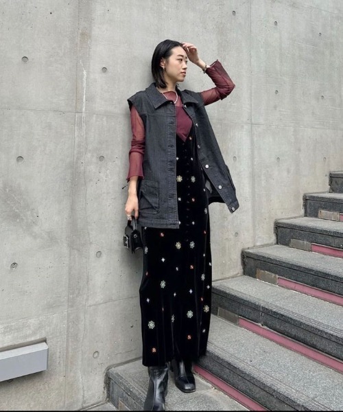 Ameri（アメリ） tシャツ GLITTER EMBROIDERY VELOUR LONG TOP 