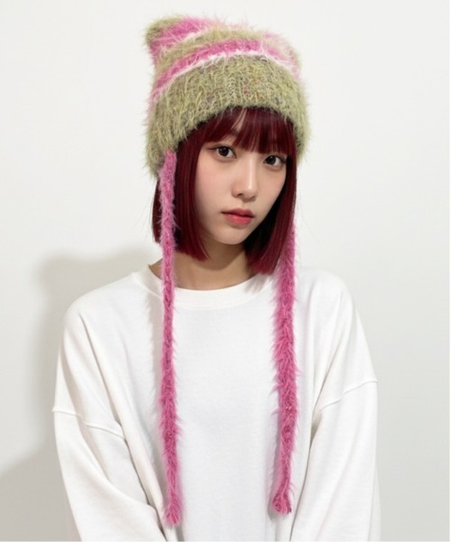 ニット帽 ニットキャップ 「HIKA」モヘア風ボーダー猫耳ワッチCAP