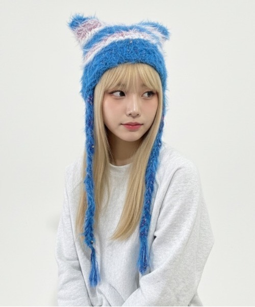 ニット帽 ニットキャップ 「HIKA」モヘア風ボーダー猫耳ワッチCAP