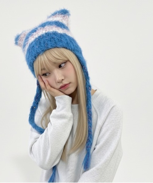 ニット帽 ニットキャップ 「HIKA」モヘア風ボーダー猫耳ワッチCAP