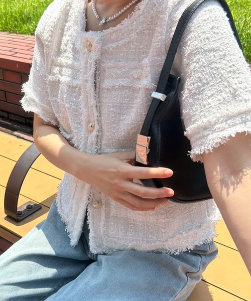 コート アウター ノーカラーサマーツイード半袖ジャケット