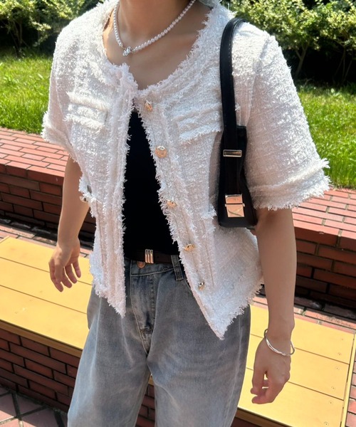 ジャケット ノーカラージャケット サマーツイード半袖ジャケット