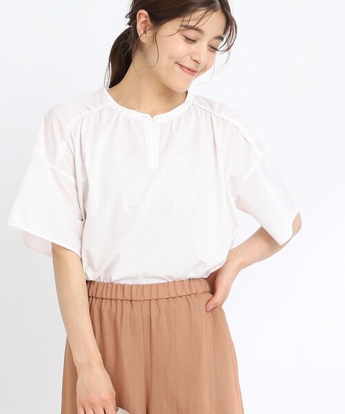 ブラウス シャツ 「SALE／接触冷感／マシンウォッシュ可」五分袖ピンストライプブラウス レディース
