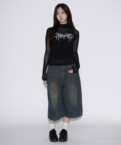 90s Miskeen ブラック デニム バギーパンツ ショーツ 刺繍 ペンキ tinkerend（ティンカーエンド） ワイドパンツ ジーンズ 「ユニセックス