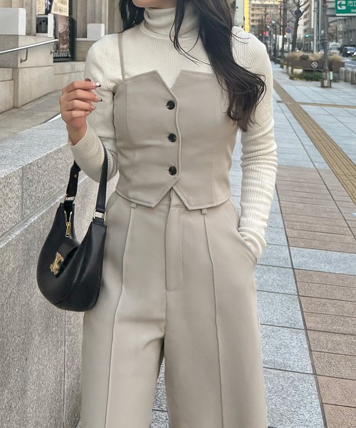ジュノア JUNOAH バックレースアップビスチェ＋スラックスパンツ set （ライトベージュ） JUNOAH セットアップ バックレースアップビスチェ＋スラックス