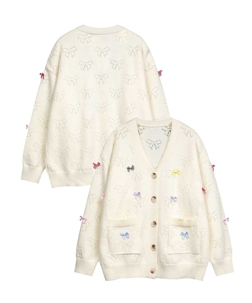 カーディガン 「HOOK」for　girls リボンたっぷり透かし編みカーディガン レディース