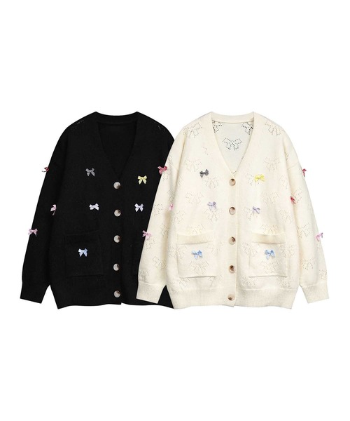 カーディガン 「HOOK」for　girls リボンたっぷり透かし編みカーディガン レディース カーディガン 「HOOK」for girls リボンたっぷり透かし編み