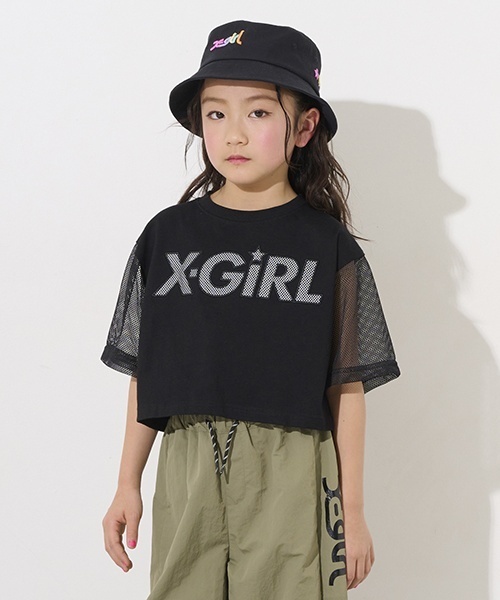 X-girl Stages tシャツ メッシュロゴショート丈半袖Tシャツ