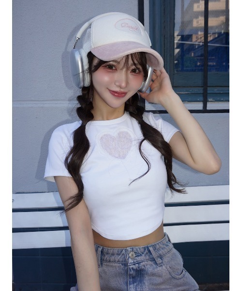 tシャツ ハートレースコンパクトTシャツ レディース