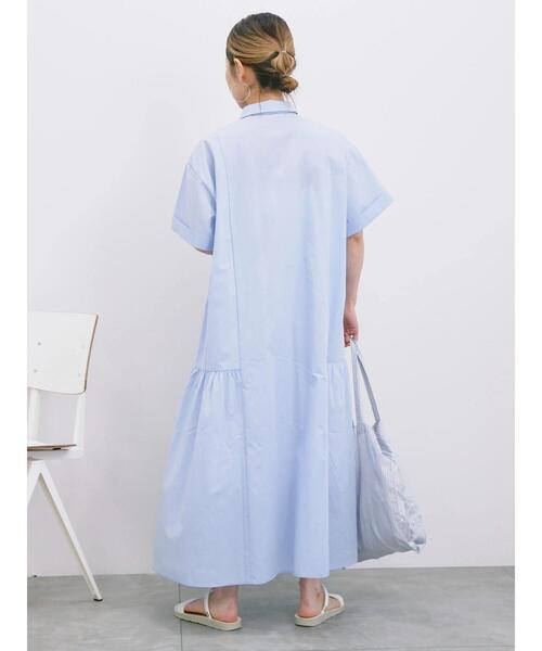 Samansa Mos2 blue ワンピース サイドギャザーシャツワンピース