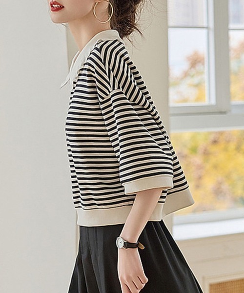 オーダーお客☆ tシャツ ボーダー柄7分袖丸襟カットソー レディース : ZOZOTOWN Yahoo