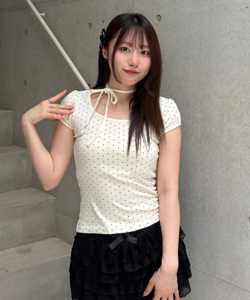 Lae tシャツ ドットリボンパフスリーブTシャツ レディース メンズ