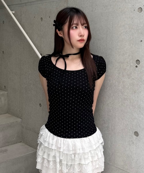 Lae tシャツ ドットリボンパフスリーブTシャツ レディース メンズ