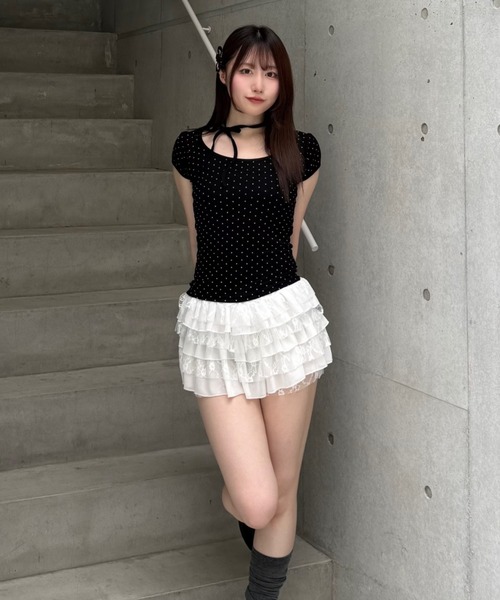 Lae tシャツ ドットリボンパフスリーブTシャツ レディース メンズ