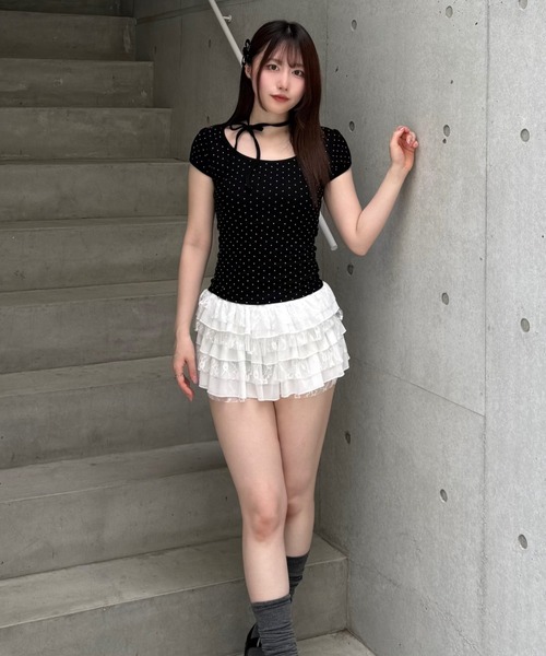 Lae tシャツ ドットリボンパフスリーブTシャツ レディース メンズ