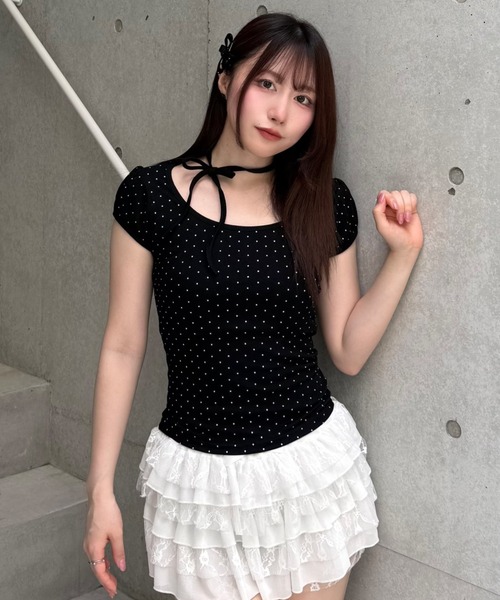 Lae tシャツ ドットリボンパフスリーブTシャツ レディース メンズ