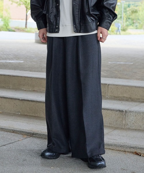 AT LAST&CO ウールスラックス ツイード 肉厚 ワイド MONO-MART（モノマート） スラックス ファンクションテックツイード
