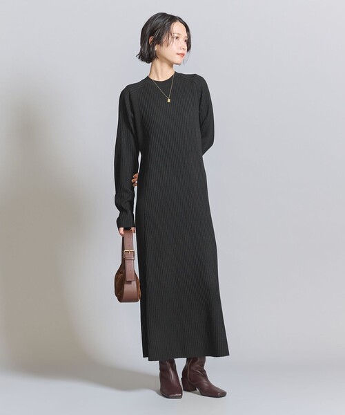 新品 未使用 タグ付き ユナイテッドアローズ リブニット 五分袖 ブラック BEAUTY＆YOUTH UNITED ARROWS ワンピース 「WEB限定 Wardrobe DAILY