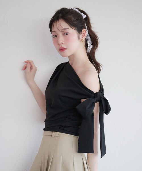 fupel tシャツ side ribbon one-shoulder drape tops /サイドリボン