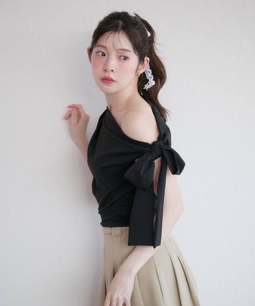 fupel tシャツ side ribbon one-shoulder drape tops /サイドリボン