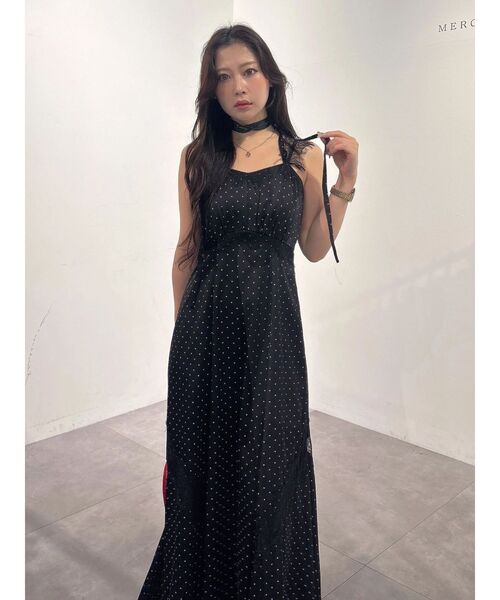 美品 セオリーリュクス サテンワンピース 黒 40 とろみ Aライン 日本製 MERCURYDUO（マーキュリーデュオ） ワンピース サテンレース使いキャミ
