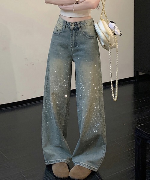 ワイドパンツ ジーンズ デニム デニムパンツ ペイント風加工ワイド 