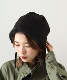 ボンネットフード　帽子　キャップ もこもこ帽子　ブラック　リバーシブル shopnikoniko ニット帽 ニットキャップ ポンポン紐付き フード