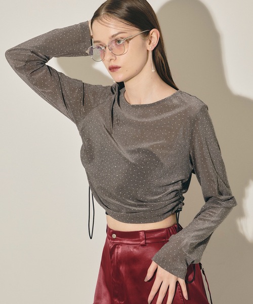 VIOLETTA tシャツ ストーン付きベロアロングTシャツ レディース