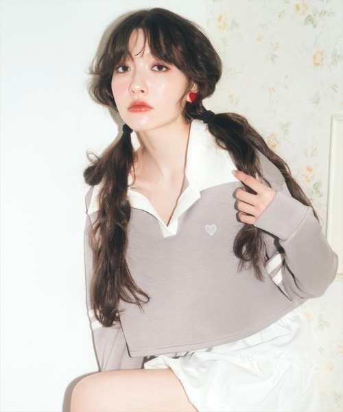tシャツ ハート刺繍ラガートップス レディース