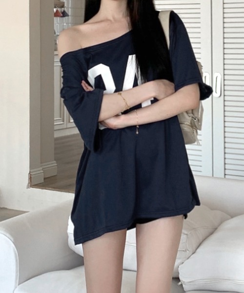 REMUR tシャツ 半袖 ワンショルダーナンバリングトップス レディース