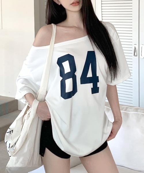 tシャツ ワンショルダーユニフォームTシャツ レディース REMUR tシャツ ワンショルダーナンバリングトップス レディース