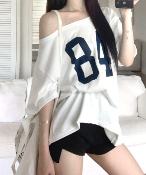 REMUR tシャツ 半袖 ワンショルダーナンバリングトップス レディース