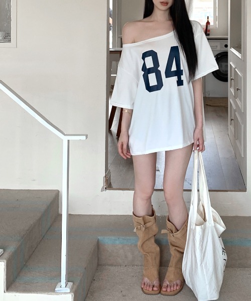 REMUR tシャツ ワンショルダーナンバリングトップス レディース
