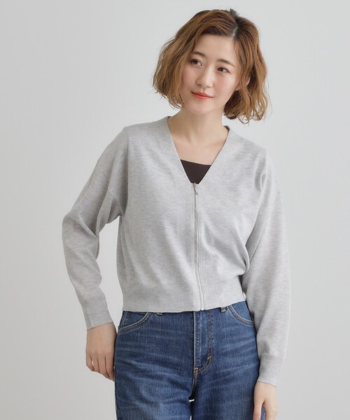 grove カーディガン 「洗える」シアーニットジップカーディガン
