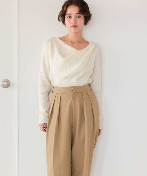 【専用】リブニット オフショルダー ベージュ オフショルダー リブ ニット トップス