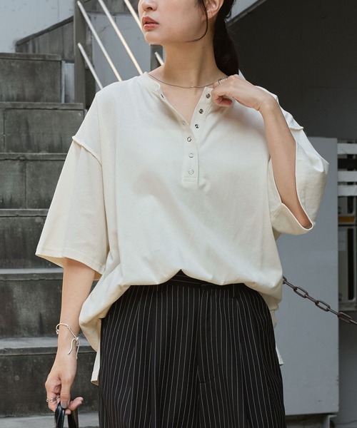 MHL. ノーカラー　バンドカラー　半袖シャツ　ヘンリーネック　オーバーサイズ buy250100_3_sty6.jpg