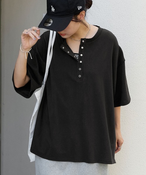 MHL. ノーカラー　バンドカラー　半袖シャツ　ヘンリーネック　オーバーサイズ MHL. ノーカラー バンドカラー 半袖シャツ ヘンリーネック