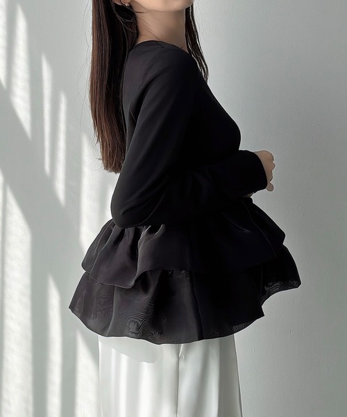 Meiru tシャツ 薄手バルーンフリル長袖ペプラムトップス レディース