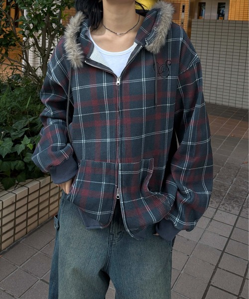 パーカー 2wayフェイクファーフードワッフルパーカー レディース